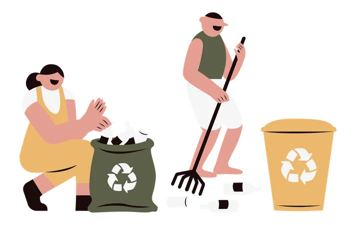 Homem e mulher catando lixo plástico juntos  Ilustração