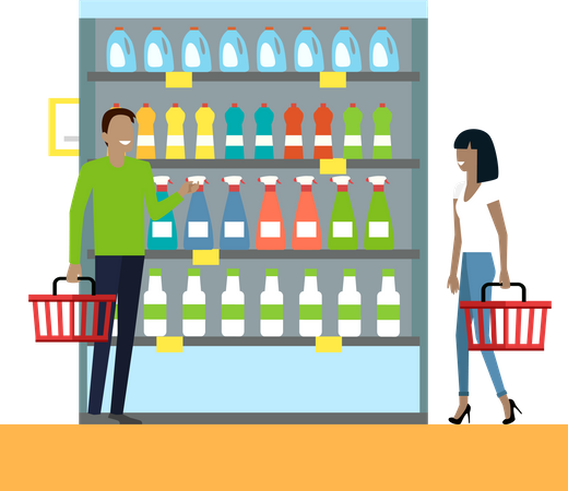 Homem e mulher com cestas na mão escolhem produtos nas prateleiras das lojas  Ilustração