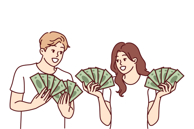 Homem e mulher com dinheiro nas mãos se gabam do dinheiro ganho com negócios  Ilustração