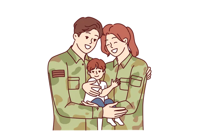 Homem e mulher com uniforme de soldado estão abraçando e segurando o filho nos braços e comemoram o dia da família.  Ilustração