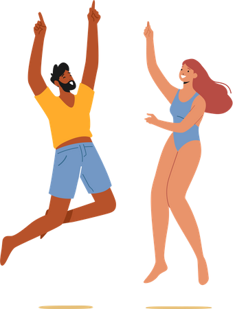 Masculino e feminino comemorando festa na praia  Ilustração