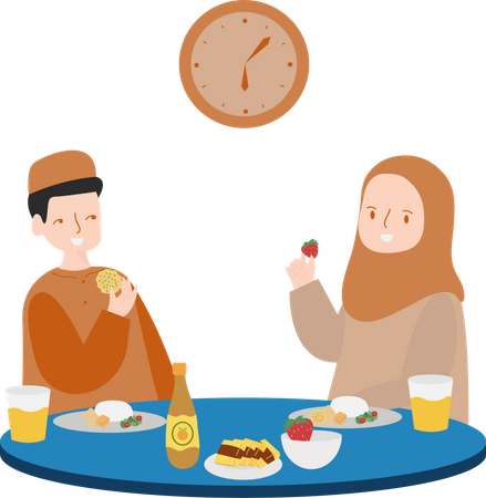 Homem e mulher comendo na hora do Iftar  Ilustração