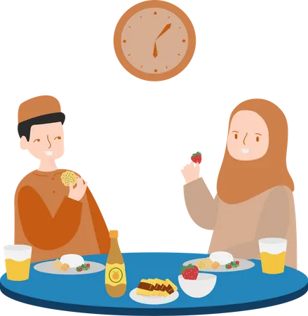 Homem e mulher comendo na hora do Iftar  Ilustração