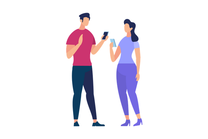 Comunicação entre homem e mulher segurando celular  Ilustração