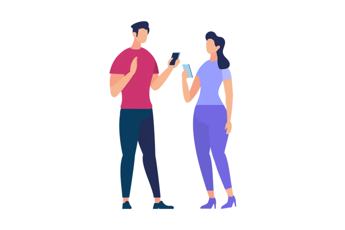 Comunicação entre homem e mulher segurando celular  Ilustração