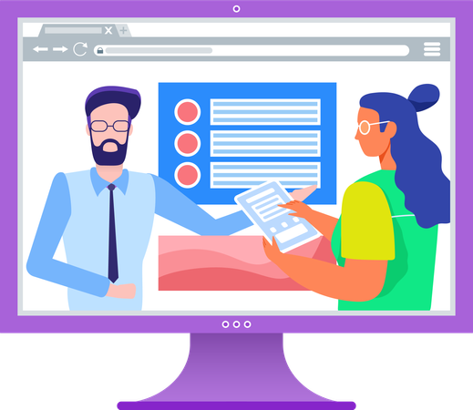 Homem e mulher conduzem aula on-line no monitor  Ilustração