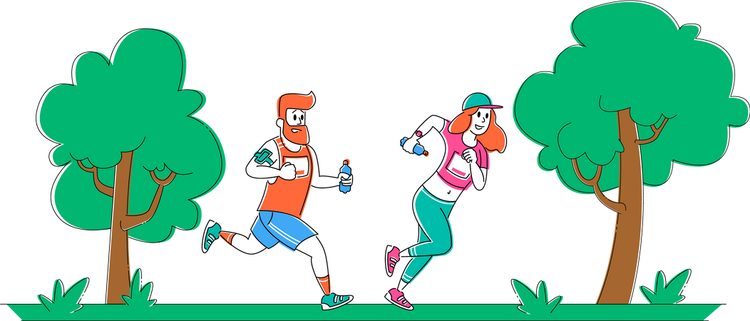 Homem e mulher correndo na maratona  Ilustração