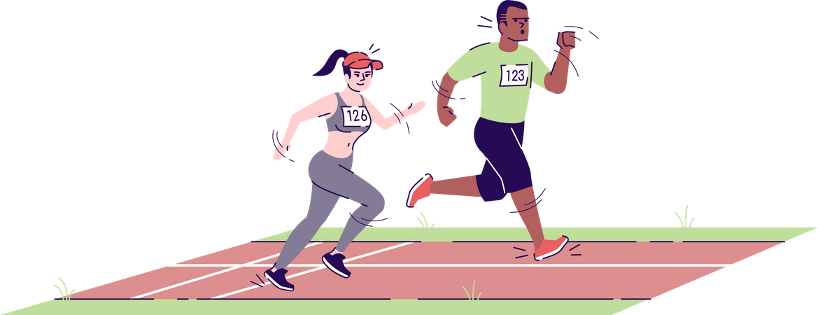 Homem e mulher correndo na pista de maratona  Ilustração