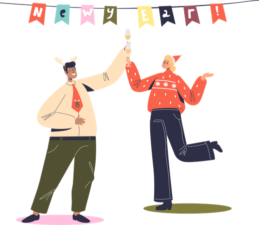Homem e mulher dançando na festa de ano novo.  Ilustração