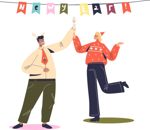 Homem e mulher dançando na festa de ano novo.  Ilustração