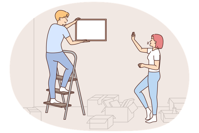 Homem e mulher decoram casa com pinturas e se estabelecem em nova moradia compartilhada  Ilustração