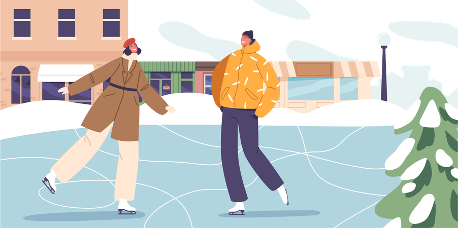 Homem e mulher deslizam graciosamente pela pista de gelo da cidade  Ilustração