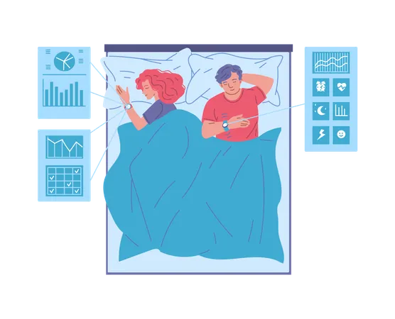 Homem e mulher dormindo com pulseiras inteligentes  Ilustração