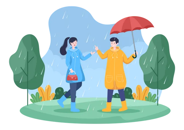 Homem e mulher em pé na chuva  Ilustração