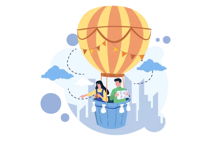Homem e mulher em um balão de ar quente  Ilustração