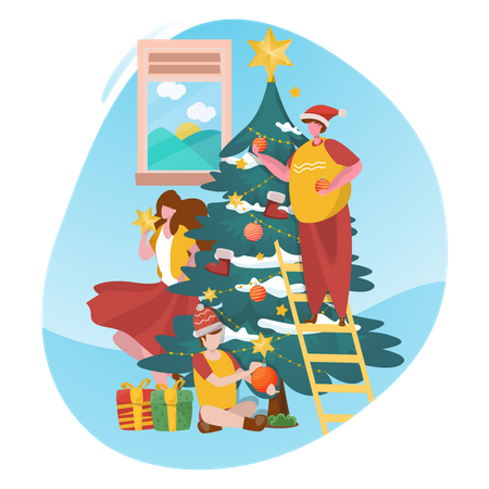 Família decorando árvore de natal  Ilustração