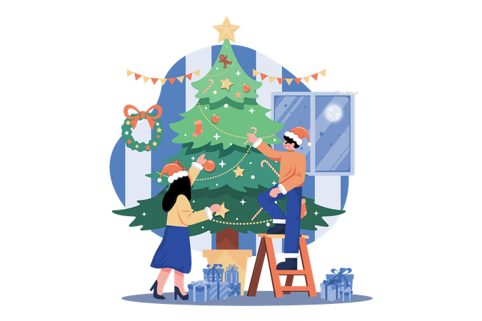 Homem e mulher fazendo decoração de árvore de Natal  Ilustração