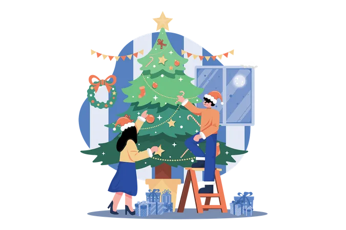 Homem e mulher fazendo decoração de árvore de Natal  Ilustração