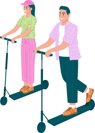 Homem e mulher felizes andando de scooters elétricos  Ilustração