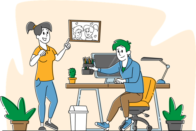 Freelancers de homem e mulher em casa trabalhando distante no computador  Ilustração