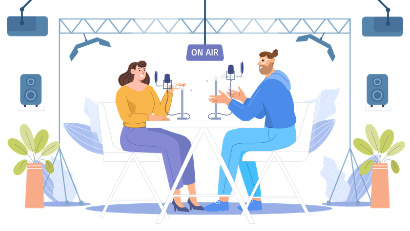 Homem e mulher gravando podcast de áudio  Ilustração