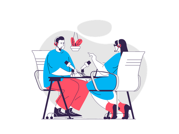 Homem e mulher gravando podcast de áudio  Ilustração