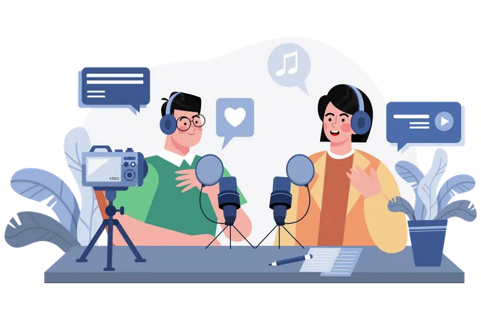 Homem e mulher gravando uma conversa em podcast  Ilustração