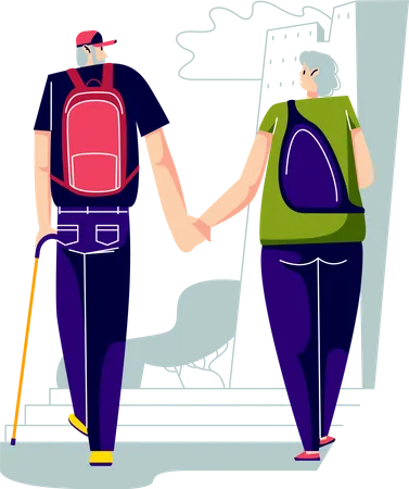 Homem mais velho e mulher com mochilas  Ilustração