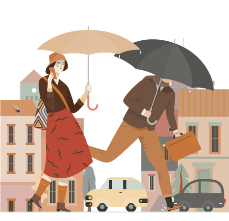 Homem e mulher indo para o escritório em tempo chuvoso  Ilustração