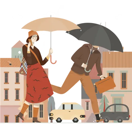 Homem e mulher indo para o escritório em tempo chuvoso  Ilustração