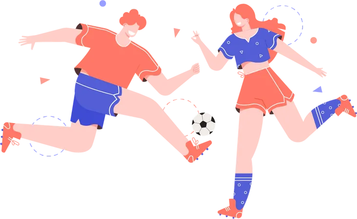 Homem e mulher jogando futebol  Ilustração
