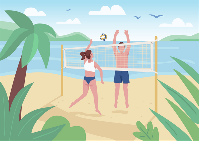 Homem e mulher jogando vôlei de praia  Ilustração