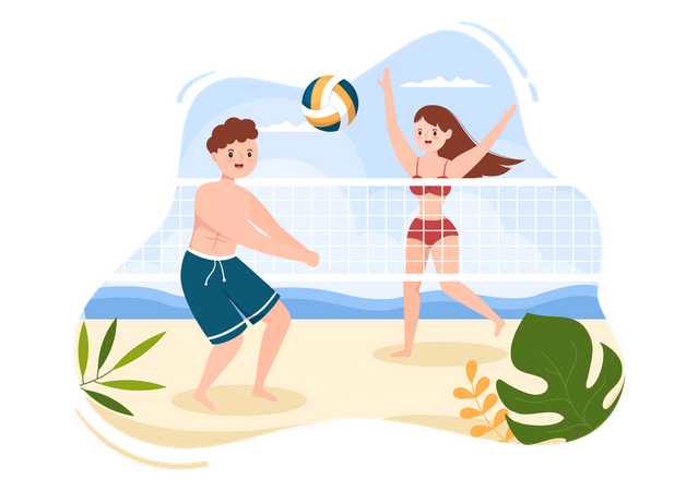 Homem e mulher jogando vôlei de praia  Ilustração