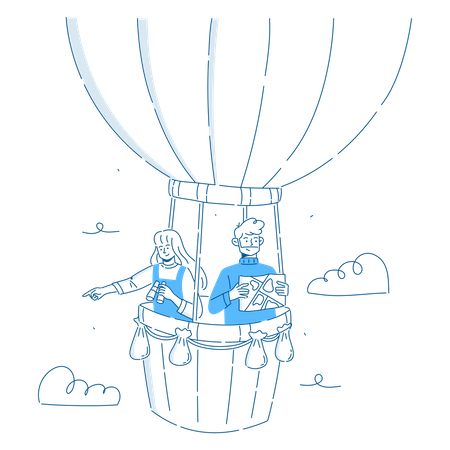 Homem e mulher em balão de ar quente  Ilustração