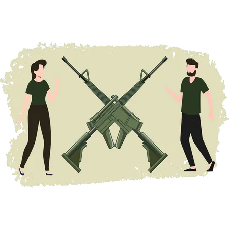 Homem e mulher olhando para armas  Ilustração