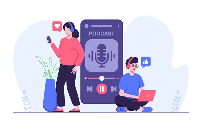 Homem e mulher ouvindo podcast de áudio  Ilustração