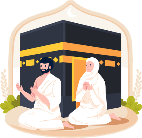 O peregrino do Hajj do homem e da mulher veste roupas do ihram com uma Kaaba  Ilustração