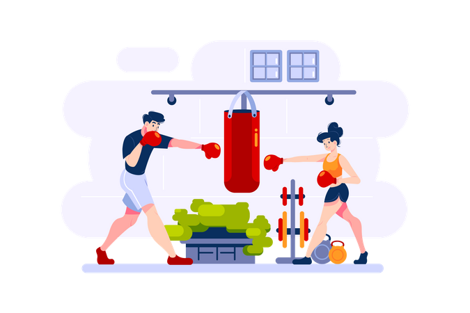 Homem e mulher praticam boxe  Ilustração