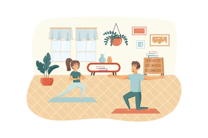 Homem e mulher praticando ioga no quarto  Ilustração