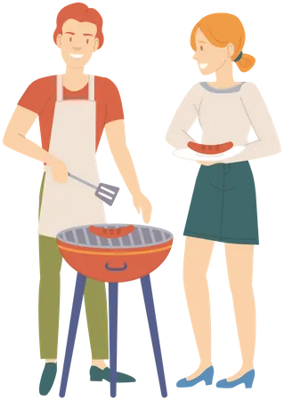 Homem e mulher preparando bife para piquenique  Ilustração