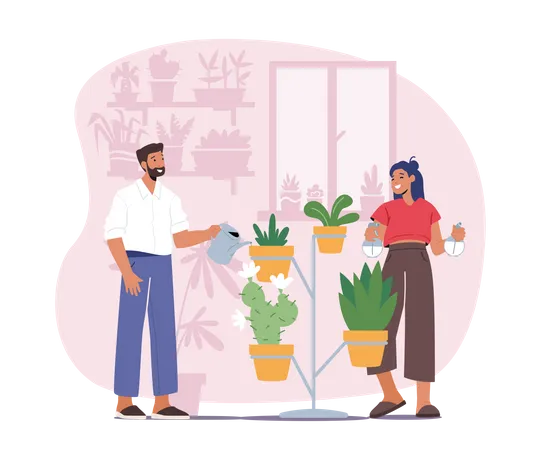 Homem e mulher pulverizando e regando flores na prateleira com regador  Ilustração