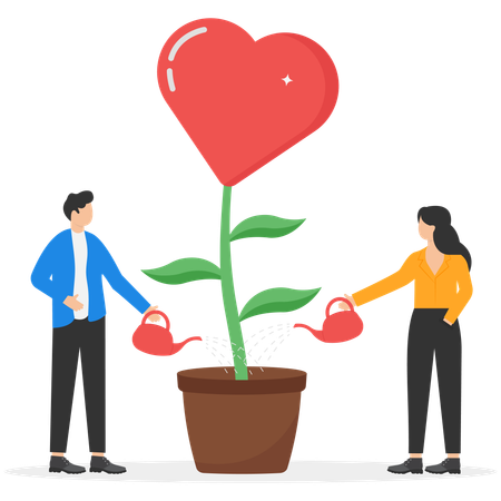 Homem e mulher regando a flor do amor  Ilustração