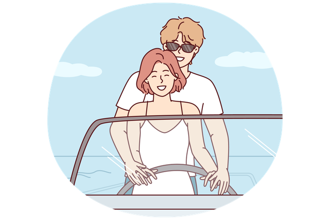 Homem e mulher românticos ao mesmo tempo controlam o barco segurando o leme aproveitando as férias de verão  Ilustração