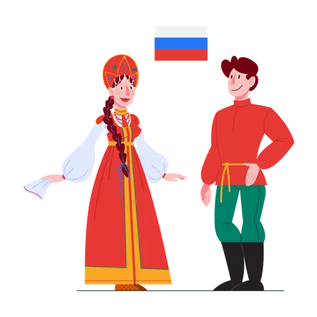 Homem e mulher russos em trajes tradicionais e cocares  Ilustração