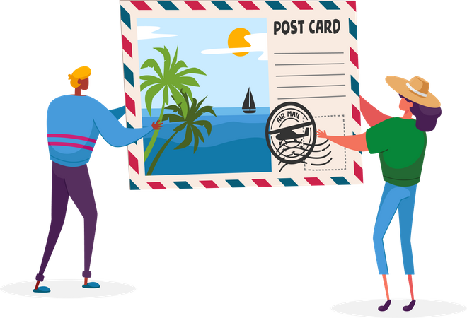Homem e mulher segurando cartão postal com praia tropical e palmeiras  Ilustração