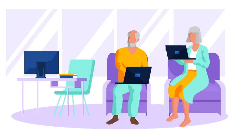 Último homem e mulher trabalhando no laptop  Ilustração