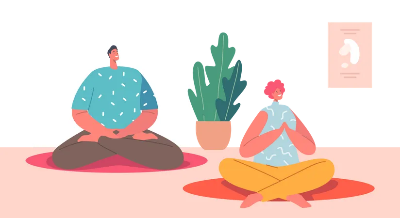 Masculino e feminino sentados na aula de ioga  Ilustração