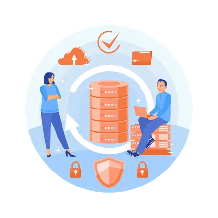 Homem e mulher trabalhando em data center  Ilustração