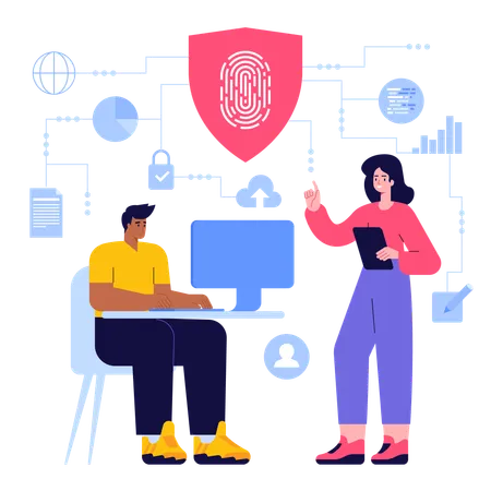 Homem e mulher trabalhando na segurança de impressão digital  Ilustração
