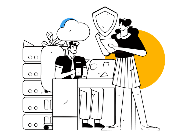 Homem e mulher trabalhando na segurança de banco de dados em nuvem  Ilustração